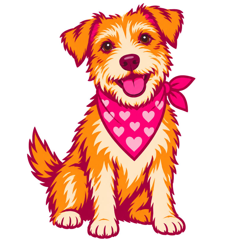 Illustration of a smiling terrier in a pink heart bandana